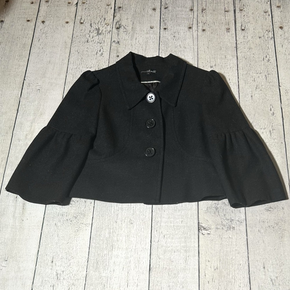Willi Smith Womens Black Wool Blend Bell Sleeve Cropped Blazer Jacket Size S